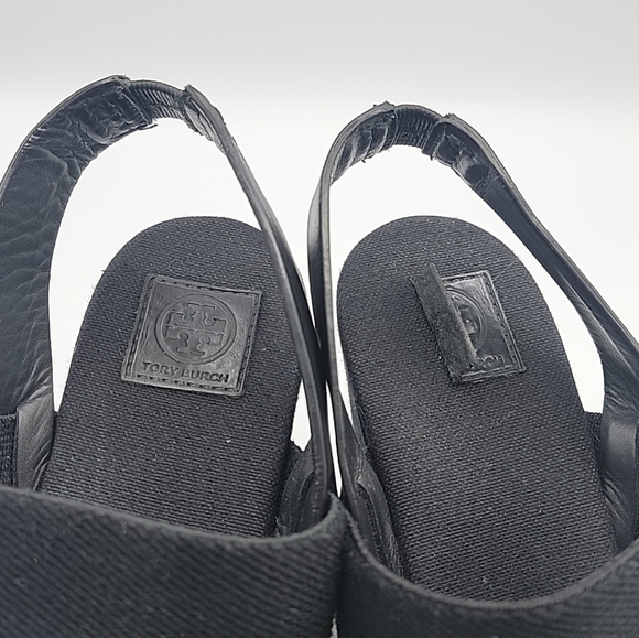 TORY BURCH Wedge Sandal Espadrille Slingback 2 Band Canvas & Leather Black US 10 - Picture 12 of 13